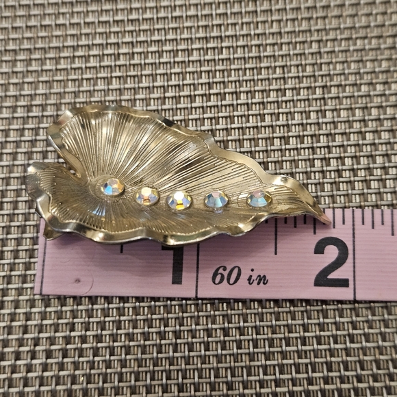 Vintage 1960's Lady Ellen goldtone rhinestones leaf hair clip aurora borealis - Picture 5 of 6